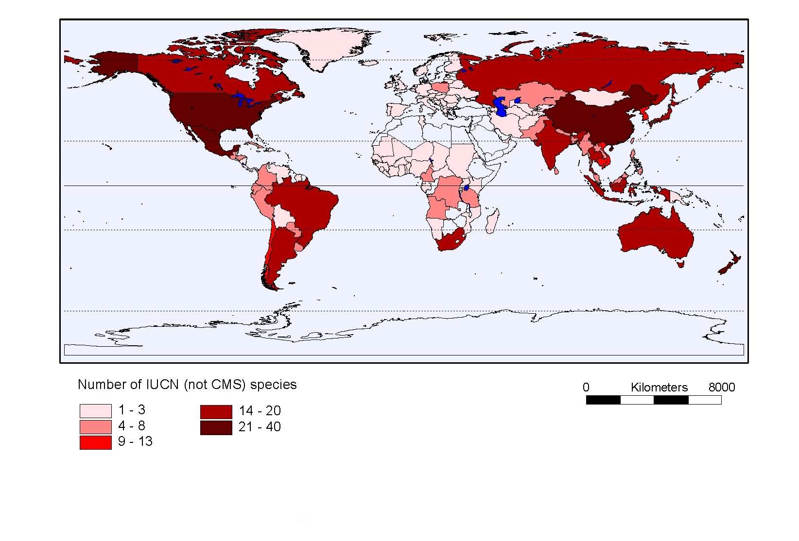 Antall arter per land som vernes av CMS